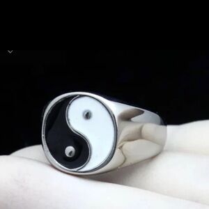 New Mens Stamped 18KT Solid White Gold Yin Yang Black & White Tai Chi Ring